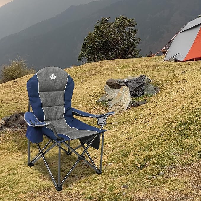 Northroad Oversized Portable Camping Chair Full Padded Outdoor Folding Chair Support 350 LBS Heavy Duty Lawn Chair with Cup Holder Cooler Bag Lumbar Support Head Pocket for Adult-Blue