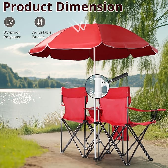 Outvita Folding Double Camping Chair w/Umbrella Beverage Holder Carrying Bag Cooler Fold Up Table Large Bearing Capacity for Beach Patio Pool Park Outdoor Red