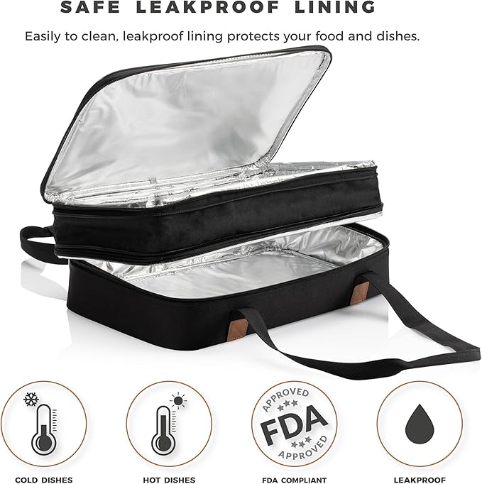 Stack Store Plus More Insulated Casserole Carrier for Hot or Cold Food Lasagna Holder for Picnic Potluck Cookout - Fits 9” x 13” and 11” x 15” Baking Dish – Expandable Double Thermal Bag in Black