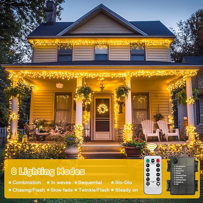 JMEXSUSS Battery Operated Christmas Lights with Remote Each 33 FT String Lights Indoor Outdoor Waterproof 2 Pack 100 LED Warm White Christmas Tree Light for Outside Party Garden Yard Porch Decor