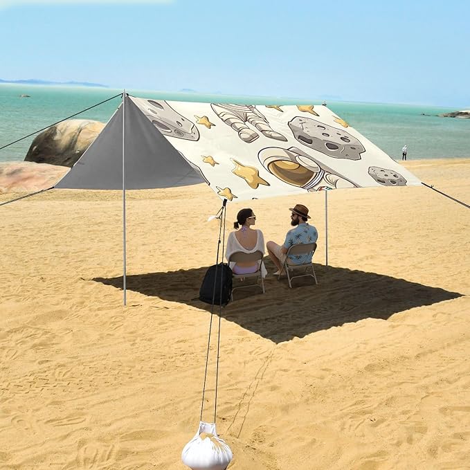 Cartoon Astronauts Cartoon Stars Camping Sun Shelter Beach Tent Portable Beach Sun Shade Outdoor Canopy for Camping Trips Fishing Picnic