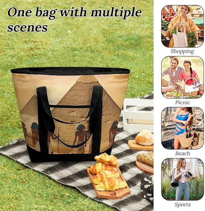 Insulated Shopping BagLarge Reusable Cooler Bags Ancient Egyptians Printed Foldable Shopping BagTravel Waterproof Shoulder Bag