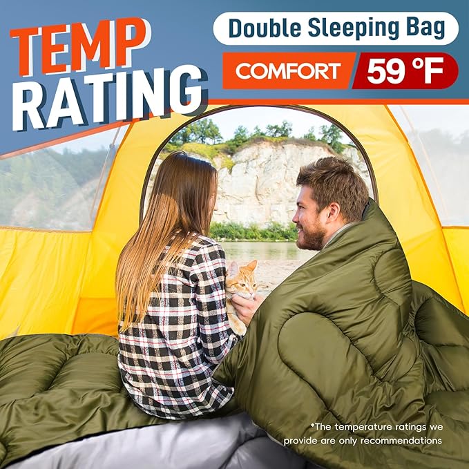 MEREZA Double Sleeping Bag for Adults Mens with Pillow XL Queen Size Two Person Sleeping Bag for All Season Camping Hiking Backpacking 2 Person Sleeping Bags for Cold Weather &amp Warm
