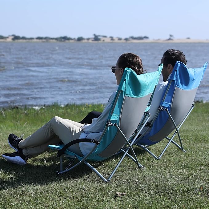 KingCamp Folding Beach Tall Sling Chair Set of 2 Compact Beach Chair with Armrests and Breathable Mesh Back Portable 2 Set Blue