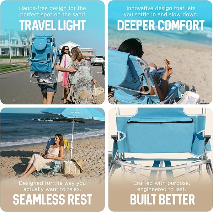 Ostrich The Deluxe Backpacker Portable Beach Chair with Cooler Bag Carry Straps Umbrella Carry System Cup Holder &amp 275lb Capacity Light Blue