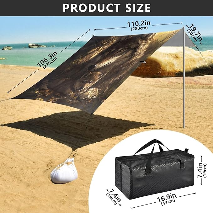 ALAZA Wolf &amp Wolf Baby Beach Tent Sun Shelter UPF50+ Protection Beach Shade Canopy w/ 4 Sandbags for Outdoor Camping Fishing Backyard Fun Picnic 10x9 ft