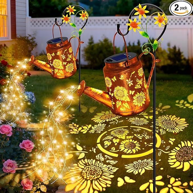 Solar Watering Can with Lights Birthday Gifts for Christmas Mom Women 2 Pack Waterproof Outdoor Garden Decor Sunflower Solar Garden Lights for Outdoor Pathway Yard Lawn Patio Party Decorations