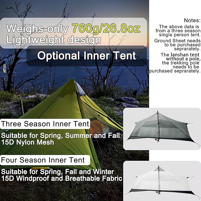3F UL Gear Lanshan 1/2 Ultralight Backpacking Tent Weighs only 26.8oz 15D Customized Single Silicon Fabric Waterproof 5000+mm 3/4 Season Inner Tent for 1/2 Person