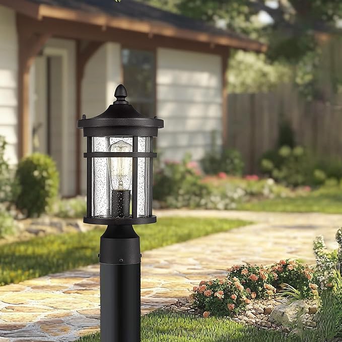 Bestshared Outdoor Post Light 13.75 Height Exterior Post Lighting Fixture Outdoor Patio Post Lantern for Pathway Driveway Front/Back Door Post Lamp in Black Finish with seeded Glass