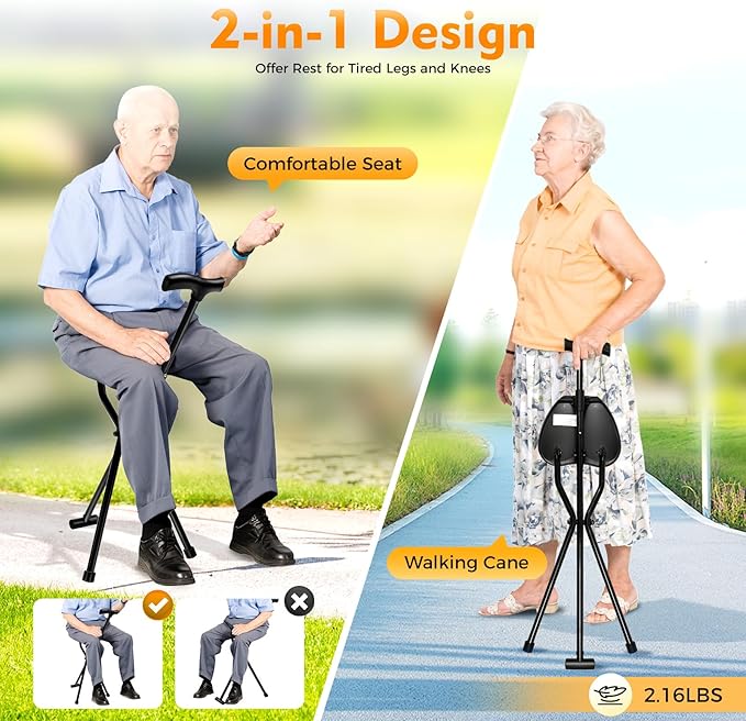 2-in-1 Walking Cane with Seat Cane Stool Crutch ChairPortable Folding Walking Stick Cane Chair Lightweight Sturdy Tripod Cane Stool for ElderlyMenWomenMax Load 249.12lbs