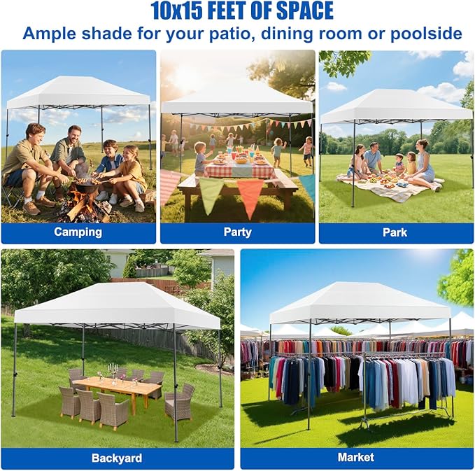 Yesker 10x15 Pop Up Canopy Tent - Instant Outdoor Canopy Easy Setup Gazebo Waterproof &amp UV Protection Large Adjustable Height Instant Sun Shelter Tents for Patio Backyard Market Party Events Wh