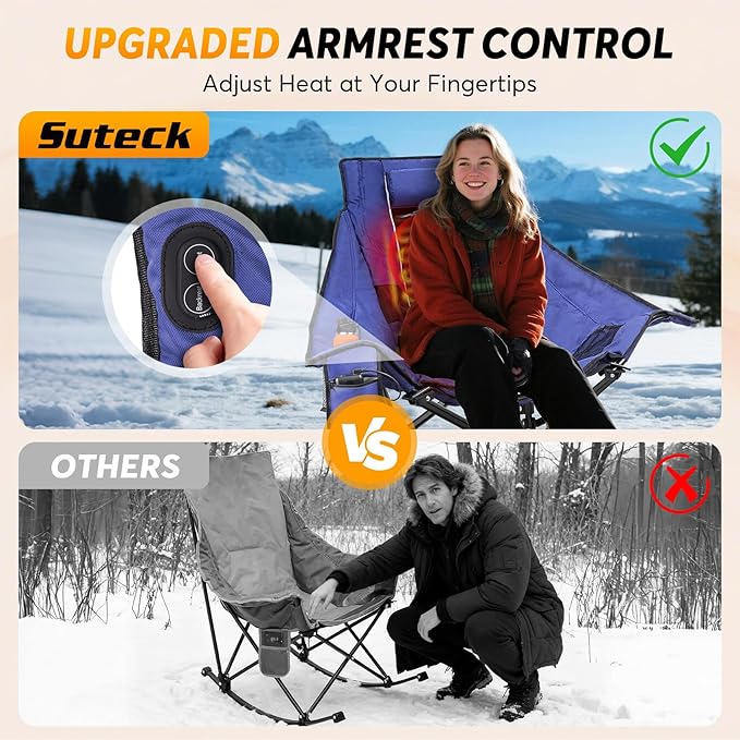 Suteck Heated Rocking Camping Chair Fully Thicker Padded Heated Camping Chairs for Outdoor Sports W/3 Heat Levels for Back &amp Seat Heated Rocking Chair for Adults with Carry Bag Battery NOT Incl