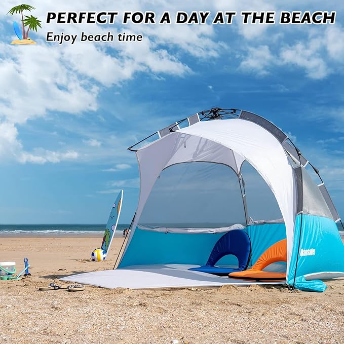 2-3 Person Large Instant Pop Up Beach Tent UV Protection Portable Easy Setup Sun Shade Shelter Extended Floor with 3 Ventilating Mesh Windows for Outdoor Camping Fishing (Light Blue)