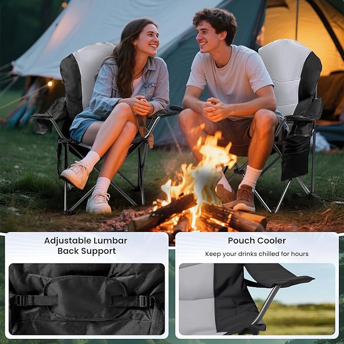 2 Pack Folding Camping Chairs for Adults - High Back Padded Outdoor Lawn Chairs with Lumbar Support &amp Cup Holder 400lbs Heavy Duty Portable Camping Chairs Set (Light Black &amp Gray 2 PCS)