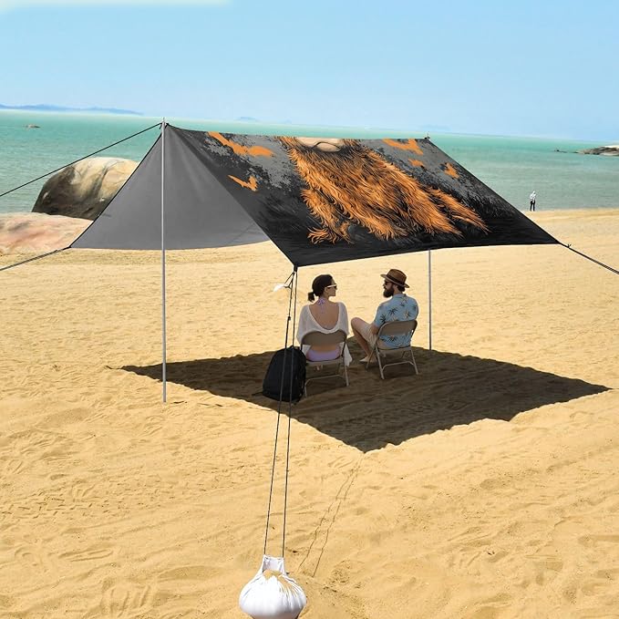 ALAZA Highland Bull Bat Halloween Beach Tent Sun Shelter UPF50+ Protection Beach Shade Canopy w/ 4 Sandbags for Outdoor Camping Fishing Backyard Fun Picnic 10x9 ft
