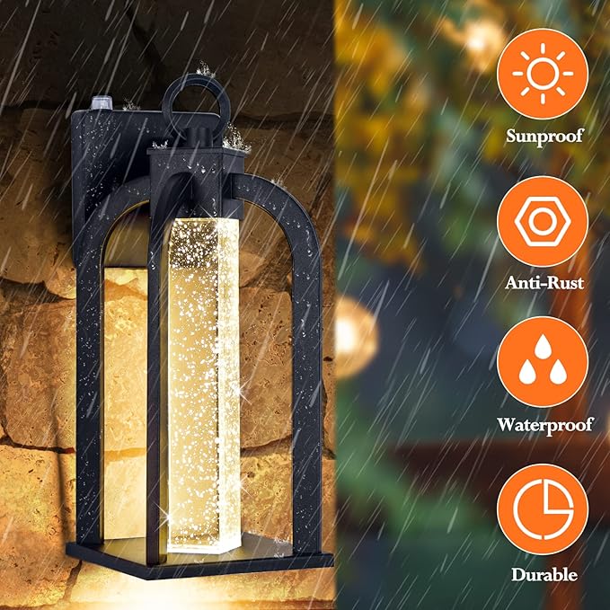 Dusk to Dawn LED Outdoor Wall Light 14 Black Wall Lantern with Crystal Bubble Glass Exterior Light Fixture with Photocell Sensor IP65 Waterproof Anti Rust Outdoor Lighting for House Garage Porch