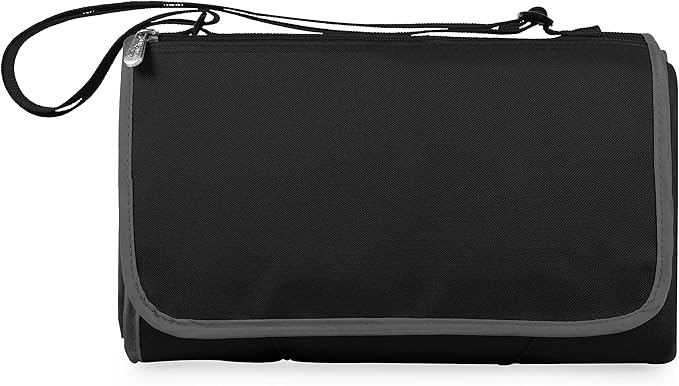 PICNIC TIME Outdoor Picnic Blanket Tote 59x51 Foldable Beach &amp Camping Blanket with Soft Fleece Water-Resistant Bottom Adjustable Strap &amp Zippered Pocket (Black with Black Exterior)