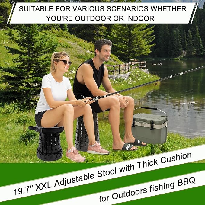 2026 Upgraded XXL Collapsible Stool with Thick Cushion19.7H-11.8D Telescoping Folding Stool for Adults More Sturdy Camping Stools with Load Capacity 1000lbs for OutdoorGardenFishingHiking