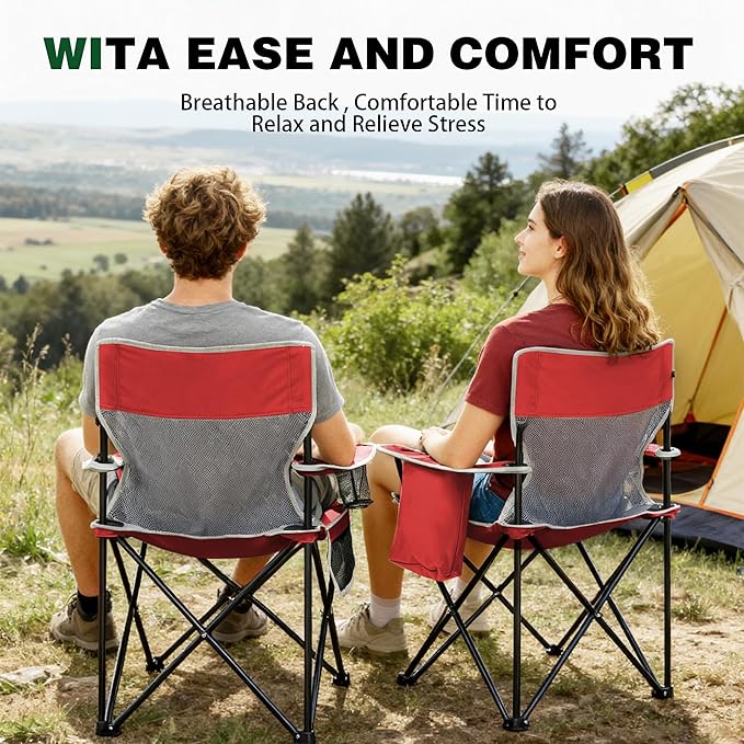 Portable Outdoor Folding Chair with Cup Holder &amp Cooler Bag - Breathable Mesh Wide Armrests Ergonomic Design for Camping Beach Backyard - Includes Storage Bag &amp Bottle Opener (Black/Green/