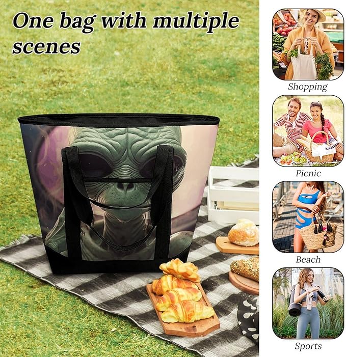 Insulated Shopping BagLarge Reusable Cooler Bags Alien Smoke Printed Foldable Shopping BagTravel Waterproof Shoulder Bag