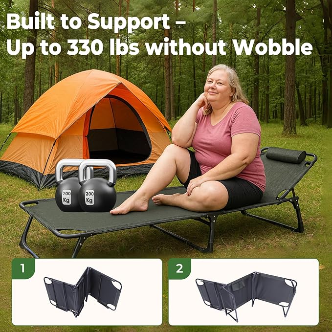 Portable Camping Cot for Adults with Removable Mattress Double Layer 1200D 330lb Foading Cot Heavy Duty Camping Bed with Pillow 4-Position Reclining for Guest Sleeping (Gray)