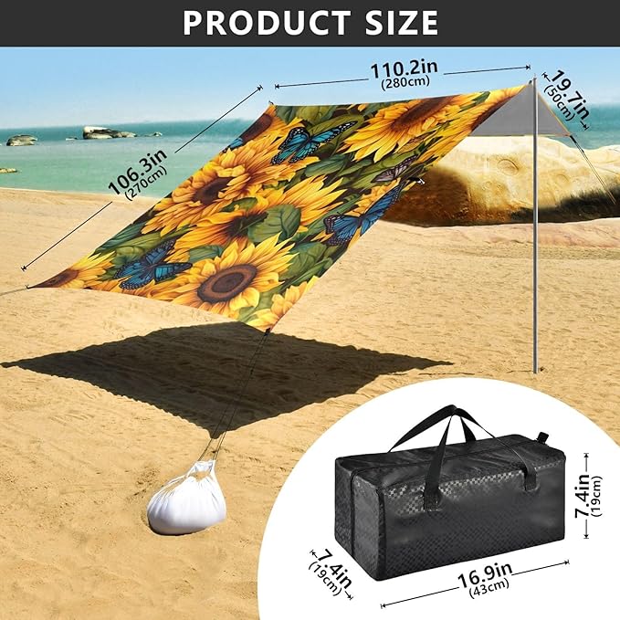 Sunflower Beach Tent Sun Shelter 9.2' x 10.5' Beach Canopy with 4 Sandbags 4 Stability Poles Sand Shovels - Tent Canopy for Beach Camping Fishing Picnics