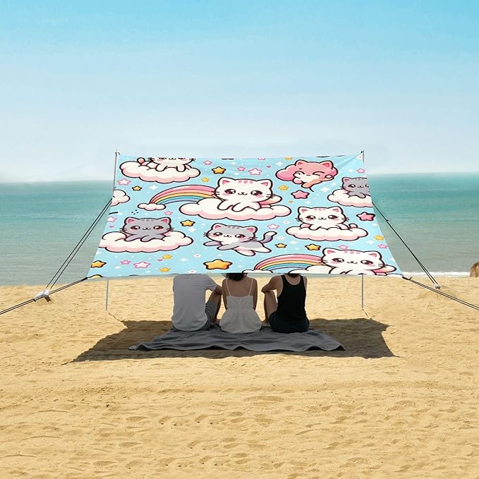 ALAZA Kawaii Cute Cats Beach Tent Sun Shelter UPF50+ Protection Beach Shade Canopy w/ 4 Sandbags for Outdoor Camping Fishing Backyard Fun Picnic 10x9 ft