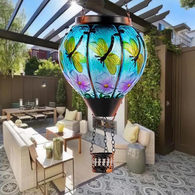 Dragonfly Solar Hot Air Balloon Lantern with Flame Glass Hot Air Balloon Solar Lantern Outdoor Waterproof Decorative Hanging Hot Air Balloon Solar Light for Outside Garden Patio Yard