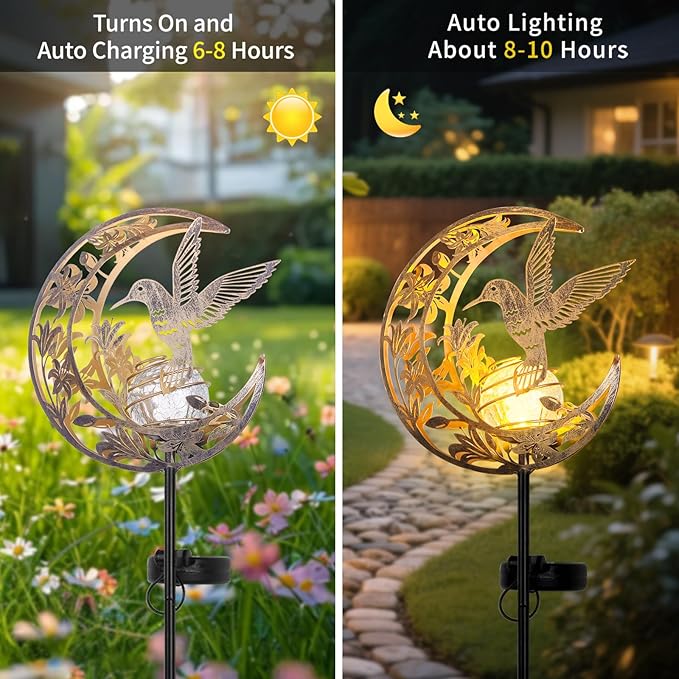 Solar Hummingbird Lights Outdoor Decor - Moon &amp Bird SolaGardenLights Waterproof Auto On/Off Pathway Lighting for Yard/Lawn/Patio Handcrafted Metal Solar-Stake-Lights for Outside Decorations