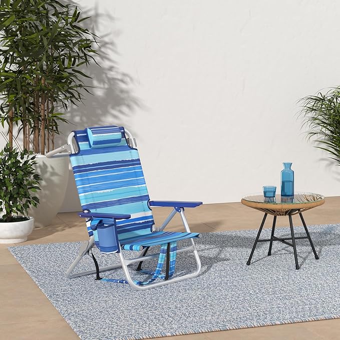 LEMBERI Backpack Beach Chairs for Adults1/2 Pack Folding Heavy Duty Camping Chair with Large Pockets and Cup HolderAdjustable high Beach Lounge Chairs with Towel Rack for OutdoorTravel (2 Blue)