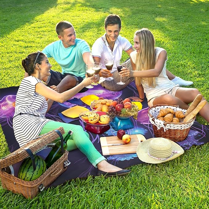 Waterproof Sandproof Beach Blanket 59''×68'' Oceans Polyester Outdoor Picnic Blanket with 4 Stakes &amp Storage Bag for BeachCampingVacation Medusa