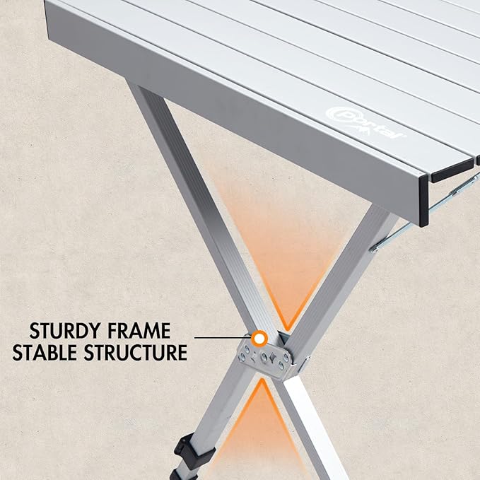 PORTAL Folding Outdoor Camping Table with Adjustable Height Aluminum Roll-Up Top and Carry Bag Big Large Portable Tables for Picnic BBQ and Tailgating Silver