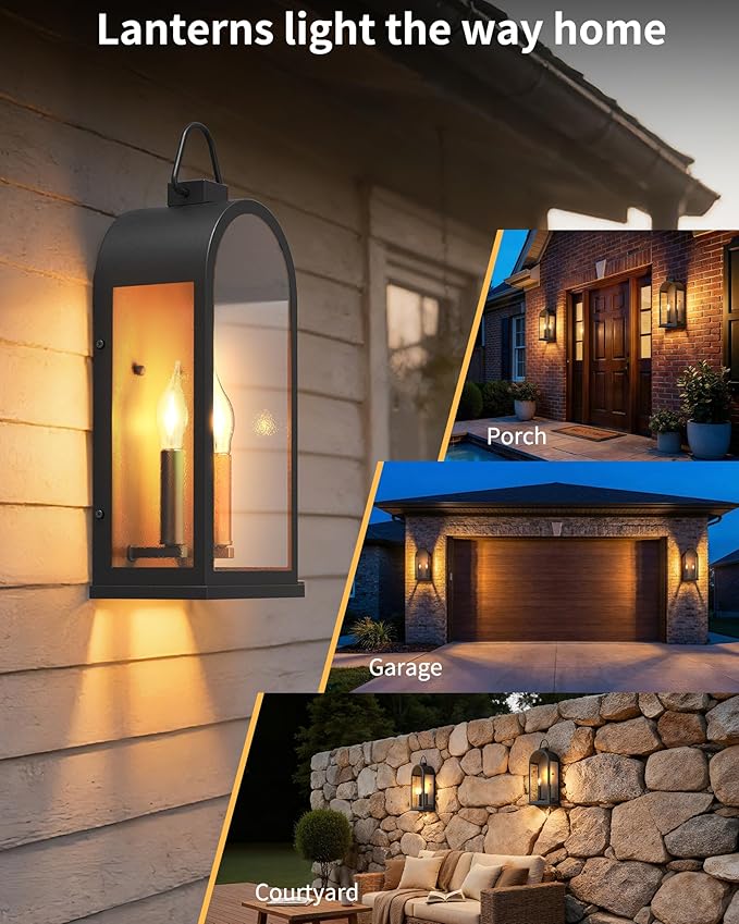 Outdoor Wall Light Fixtures 2-Light Porch Lights Outdoor Matte Black Exterior Waterproof Wall Sconce with Glass Shade Outside Lantern for House Doorway Patio Entryway E12 Socket 2 Pack