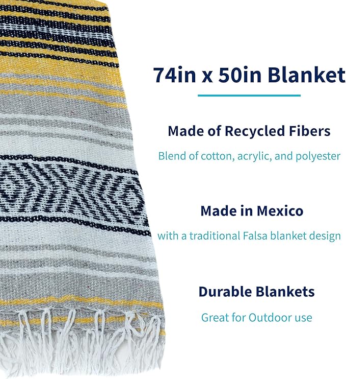 La Montana Mexican Blankets and Throws 4 Pack 74x50 - Made in Mexico Lightweight Yoga Blanket for Schools Studios Outdoors Camping Picnic Decor - Washable Navy/Yellow/White