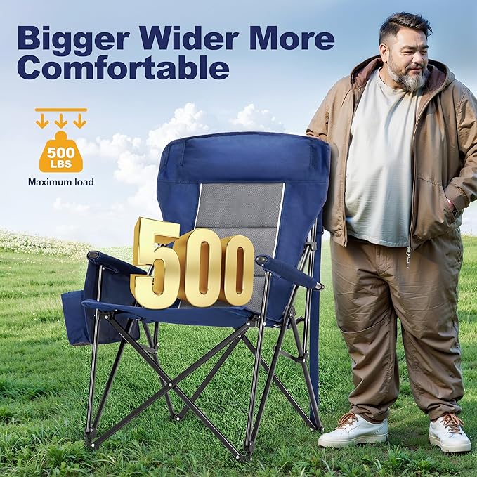 LET'S CAMP Oversized Camping Chairs 29.52 High Back Heavy Duty Lawn Chair Support 500LBS Portable Collapsible Chair with Cup Holder Side Pocket2 Pack(Blue)