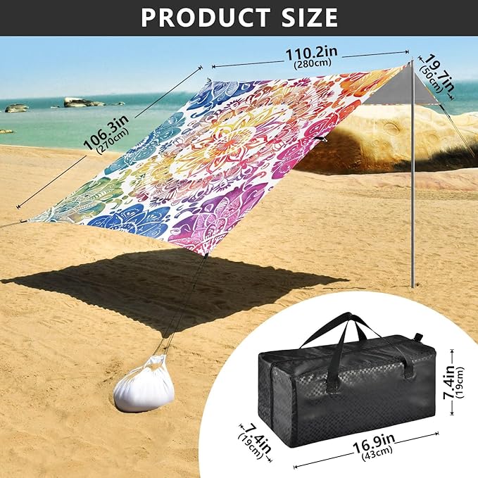 ALAZA Rainbow Mandala Watercolor Beach Tent Sun Shelter UPF50+ Protection Beach Shade Canopy w/ 4 Sandbags for Outdoor Camping Fishing Backyard Fun Picnic 10x9 ft