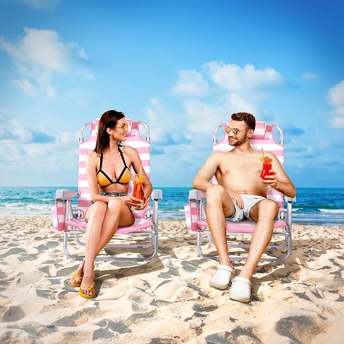 Beach Chair for Adults 5 Position Lay Flat Backpack Beach Chair with Cooler Cup Holder and Storage Bag Portable Folding Heavy Duty Beach Lounger for Outdoor Lawn Camping Festivals-Pink Stripe