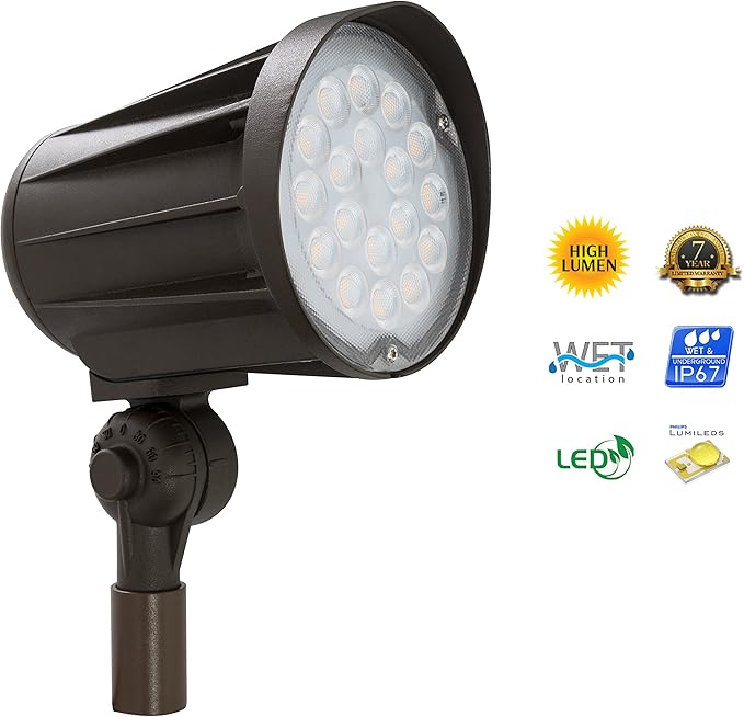 Westgate Lighting LED 12 Volt Outdoor Landscape Garden Bullet Flood Lights - Path Walkway Lawn Spotlights - Wire/Spike Accessories Included - IP67 Waterproof - High Lumen (32W 3000K Warm White Bronze)