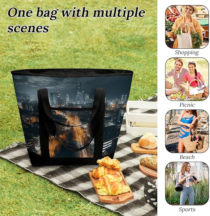 Insulated Shopping BagLarge Reusable Cooler Bags City Night View Printed Foldable Shopping BagTravel Waterproof Shoulder Bag