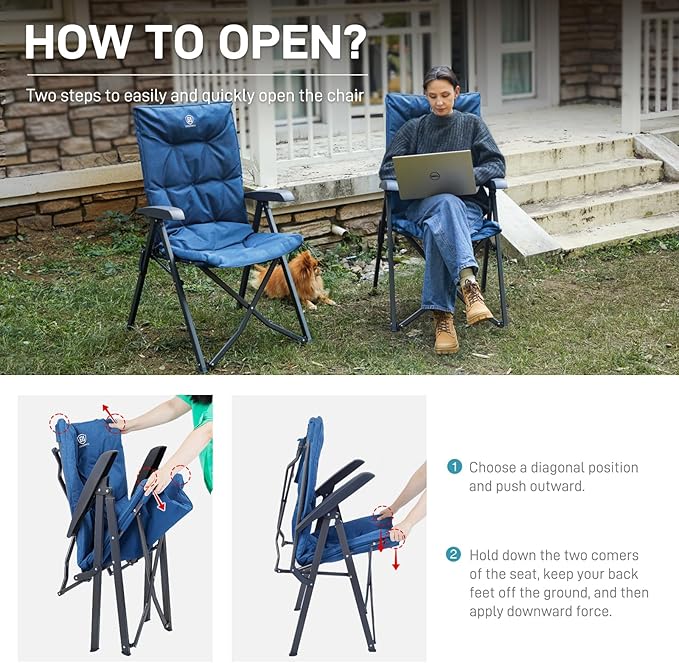 EVER ADVANCED Folding Padded Camping Chair 4 Positon Adjustable Recliner with High Back Support Portable for Adults 300lbs Weight Capacity Blue