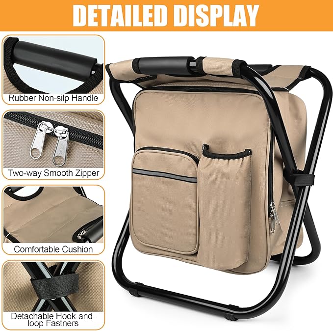 Kikerike Backpack Stool Cooler Chair Heavy Duty 300 LBS Max Load Portable Lightweight Stool Backpack Folding Fishing Cooler Seat for Camping Hunting Fishing - Sand