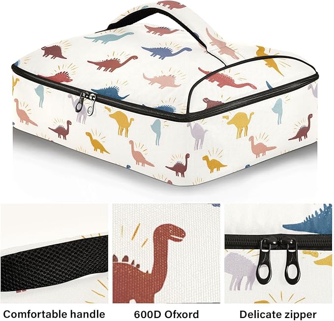 Casserole Carrier Cartoon Dinosaur PatternInsulated Casserole Carrier for Hot or Cold Food Thermal Lunch Tote for Potluck Parties Picnic Beach Fits 9 x 13 Inches Baking Dish