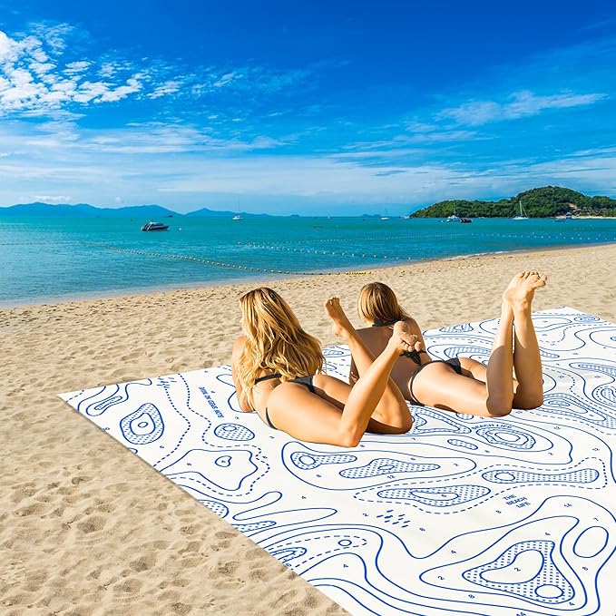 110''×118'' Oversized Beach Blanket for 4-8 Adults White Waterproof Sandproof Picnic Blanket Lightweight Foldable Sand Free Outdoor Mat w/ 4 Stakes &amp Portable Carry Bag for Travel Camping Hiki