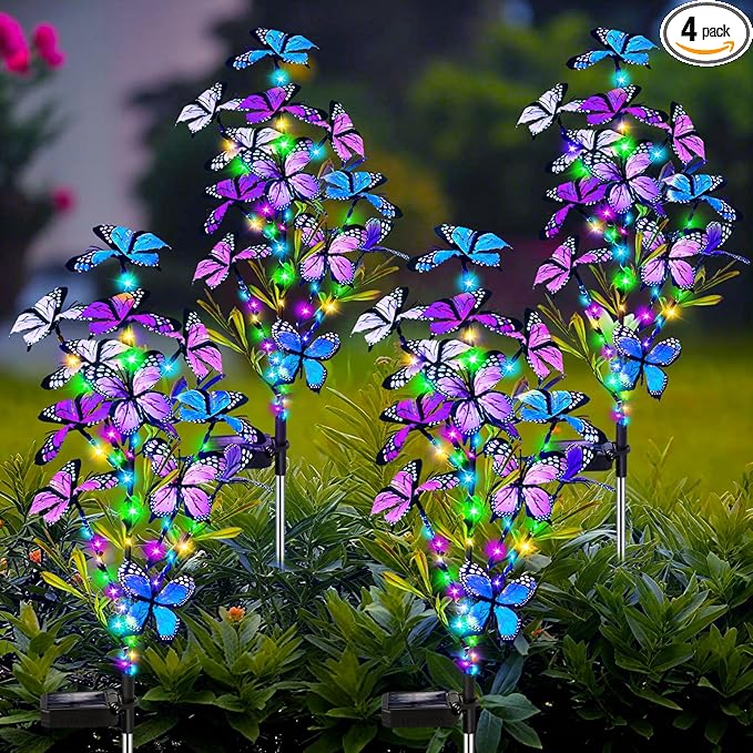 Solar Garden Lights Outdoor Waterproof 4 Pack Solar Butterfly Lights with 60 LED 12 Butterfly Colorful Lighting for Garden Yard Lawn Outdoor Decor Gift for Mom Women Mother's Day