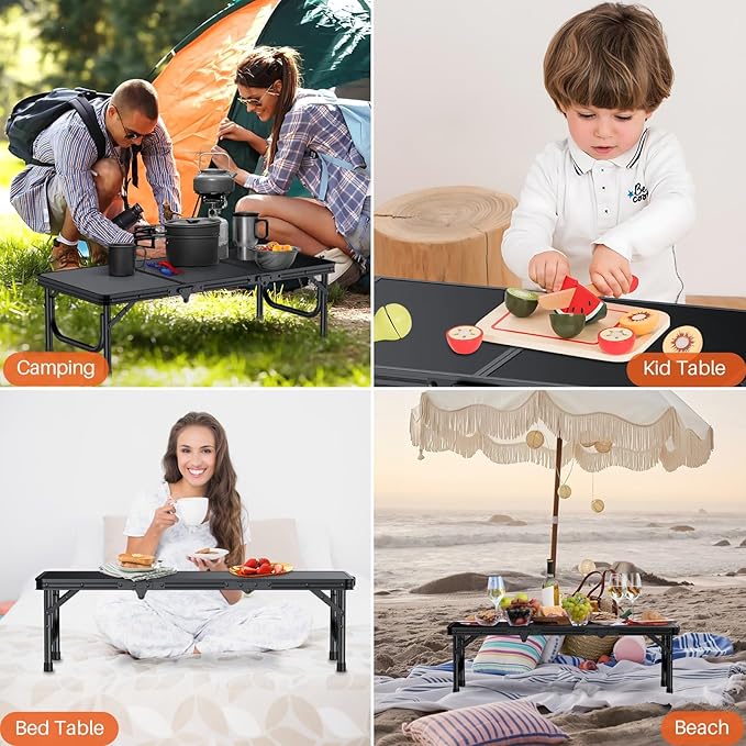 FUNYKICH 3ft Low Folding Camping Table with Carry Bag 34.2'' Lx15.7'' W Portable Picnic Tables Lightweight Thicker Aluminum Beach Table with Carry Handle for Beach Camping Picnic Black