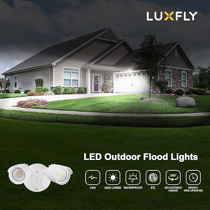 LED Flood Lights Outdoor 34W 3500LM Dusk to Dawn Dual-Head Flooflight IP65 Waterproof Exterior Security Lights Wall Light for Ourside Patio Garage Yard (White) (1)