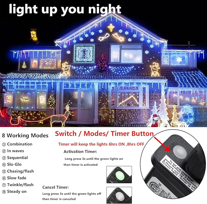 Joomer Blue Christmas Icicle Lights 13FT 20 Tubes 90 LED 8 Modes Icicle Lights with Timer Function Waterproof Connectable Ice String Lights for Holiday Home Patio Trees Christmas Decoration