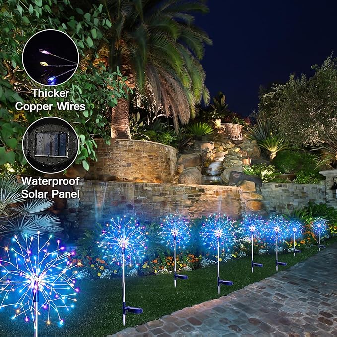 suddus Solar Garden Lights Outdoor Waterproof Decorative 2Pack 150LED Firework Lights 8 Modes Multicolor Solar Fairy Light for Yard Patio Pathway Flowerbed Party Wedding Decor