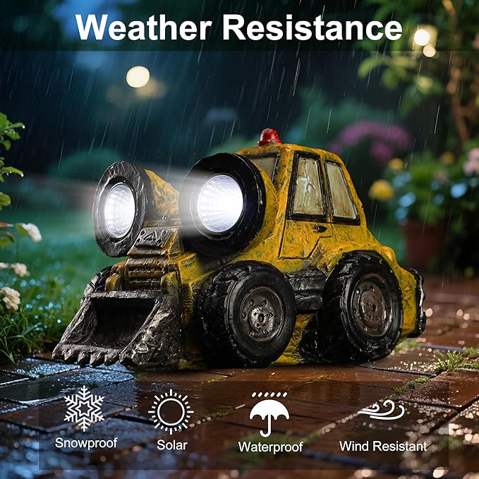 Garden Statue Outdoor Solar Truck Decor with Light Rustic Vintage Bulldozer Construction Decoration for Lawn Patio Yard Gifts for Men