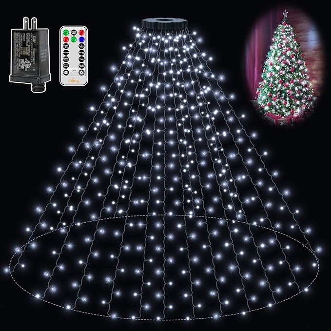 Ollny Christmas Tree Lights 8.2ft*16 Strings with Ring 8 Lighting Modes 3 Timers Dimmable Christmas Lights Indoor/Outdoor with Remote Waterproof for Xmas Decor (Cool White)